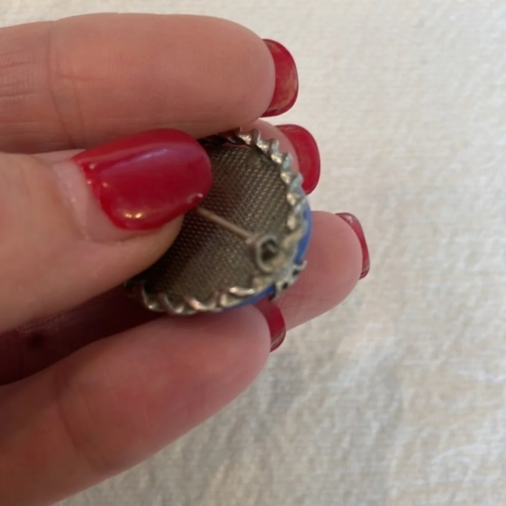 Faceted blue glass dome simple silver tone or pewter edge vintage brooch